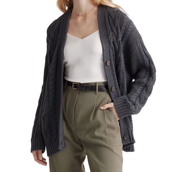 Quince 100% Organic Cotton Oversized Cable Cardigan Charcoal Sweater Size XL - Picture 6 of 11
